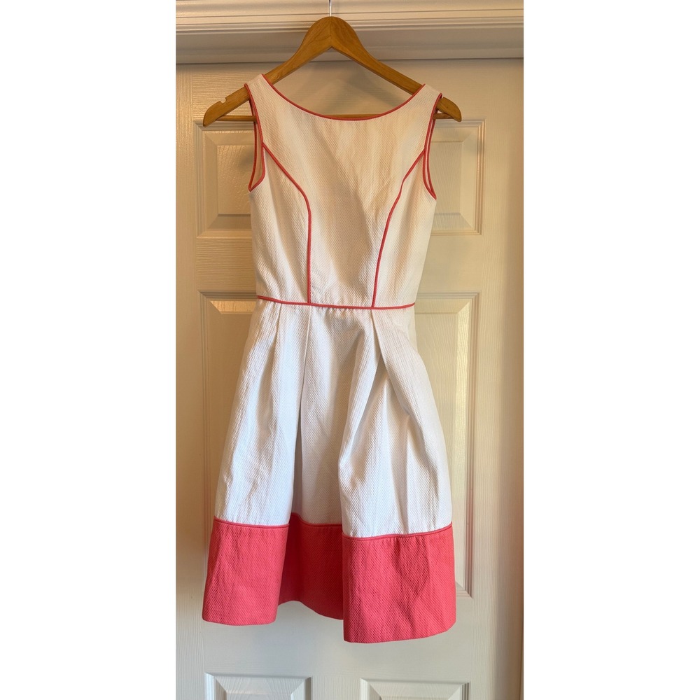 THEIA Fit and Flare Dress Women 0 White Coral Seersucker Colorblock Piping